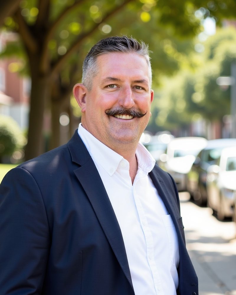 Justin Meade, wearing a navy blazer, outdoors on a tree-lined street